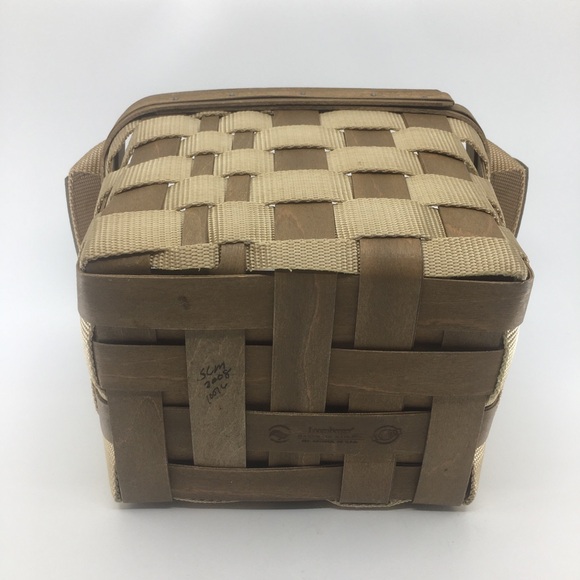 Vintage Longaberger Signed Bring Along Basket Tan Nylon Wood With Side Handles - Picture 6 of 11